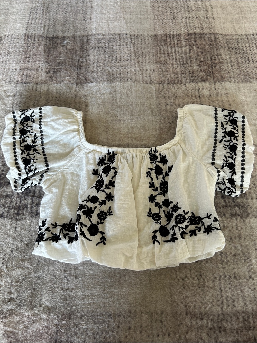 aerie White Cropped Peasant Top with Black Floral Embroidery